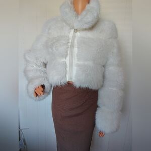 White Faux Fur Cropped Jacket - Women's Cozy Coat Size S